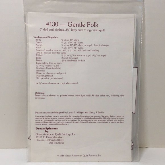 DREAM SPINNERS ~ Gentle Folk #130 Doll/Clothes, Kitty & Log Cabin Quilt Patterns - Picture 4 of 5